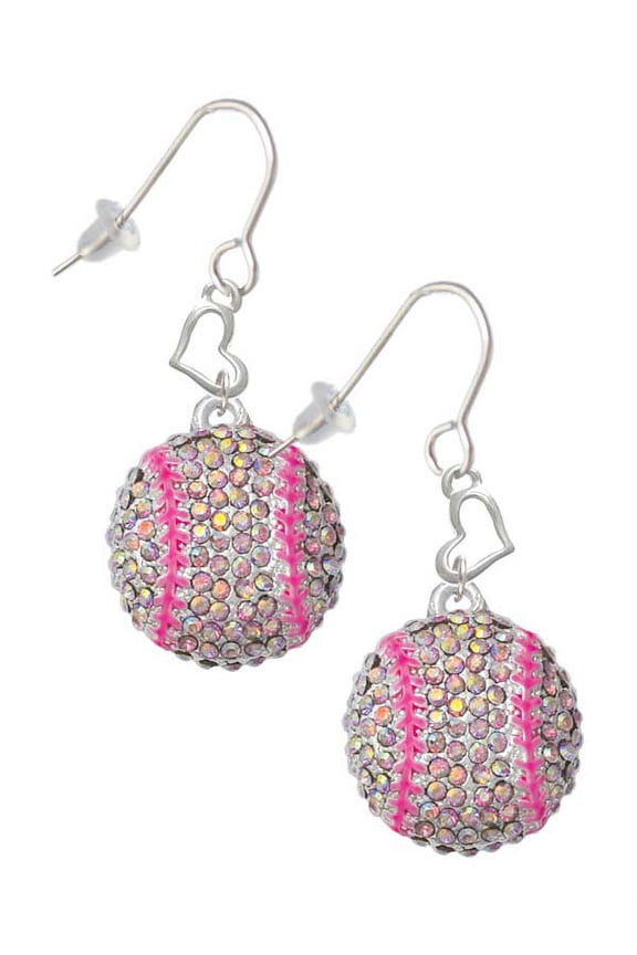 Silvertone Large Super Sparkle Crystal Pink AB Softball Heart French Earrings