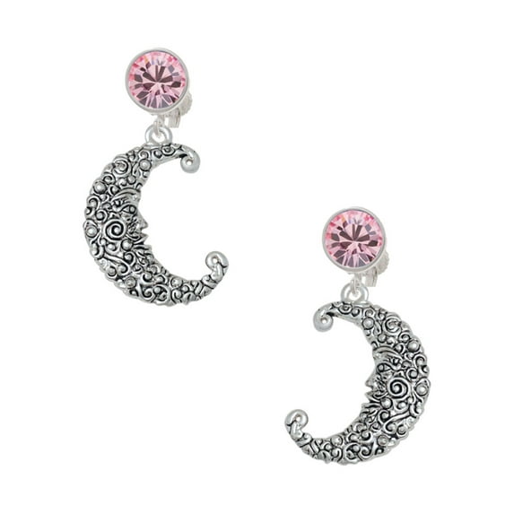Delight Jewelry Silvertone Large Swirl Man in Moon Pink Crystal Clip on Earrings