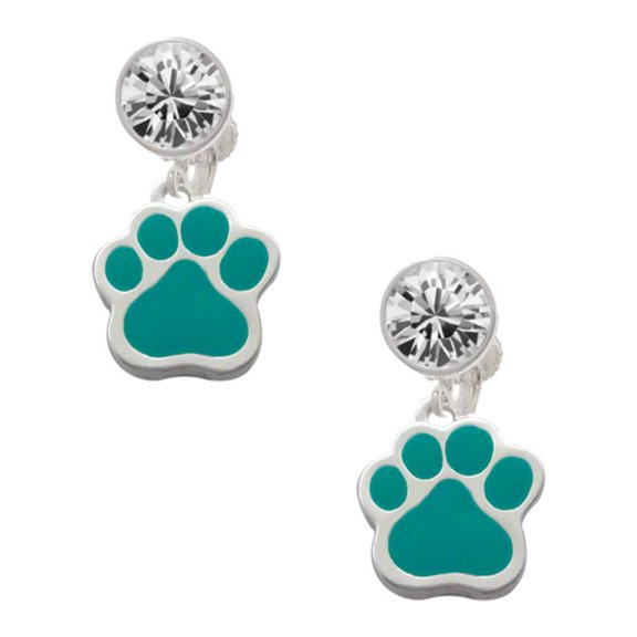 Silvertone Large Teal Paw Clear Crystal Clip On Earrings
