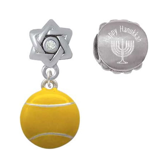 Silvertone Large Tennis Ball Happy Hanukkah Charm Beads (Set of 2)