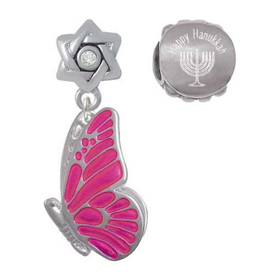 Silvertone Large Translucent Hot Pink Flying Butterfly Happy Hanukkah Charm Beads (Set of 2)