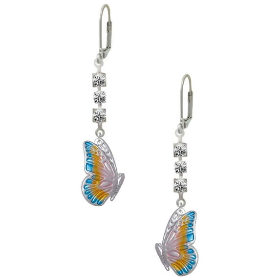 Silvertone Large Translucent Pastel Flying Butterfly Crystal Madison Leverback Earrings