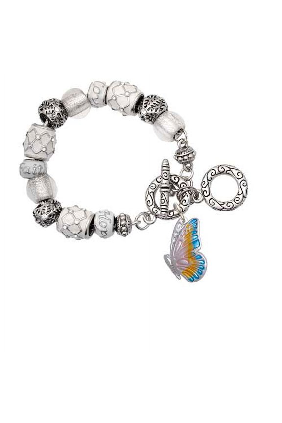 Silvertone Large Translucent Pastel Flying Butterfly White Snowflake Bead Charm Bracelet