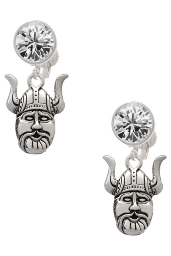 Silvertone Large Viking - Mascot Clear Crystal Clip On Earrings