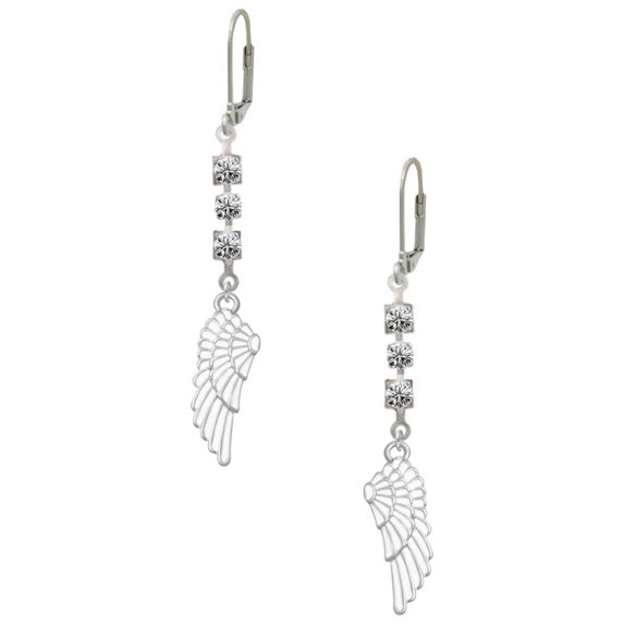 Silvertone Large White Enamel Angel Wing Crystal Madison Leverback Earrings