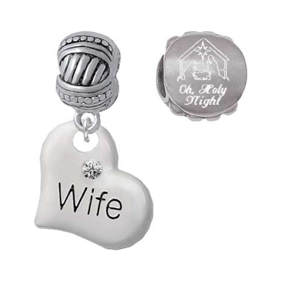 Silvertone Large Wife Heart Come Let us Adore Him Charm Beads (Set of 2)