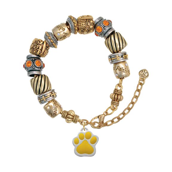 Silvertone Large Yellow Paw Two Tone Christian Bead Bracelet