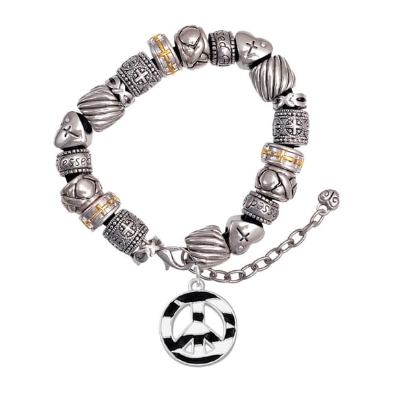 Silvertone Large Zebra Print Peace Sign Silver Tone Christian Bead Bracelet