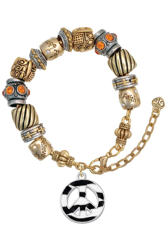 Silvertone Large Zebra Print Peace Sign Two Tone Christian Bead Bracelet