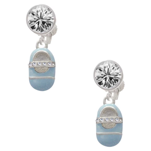 Silvertone Light Blue Baby Shoe with Crystal Strap Clear Crystal Clip On Earrings