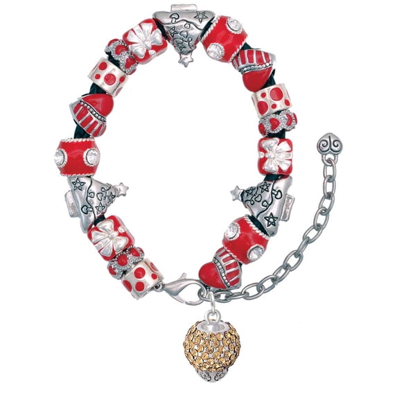 Silvertone Light Brown Crystal Sparkle Spinner Red Christmas Bead Bracelet