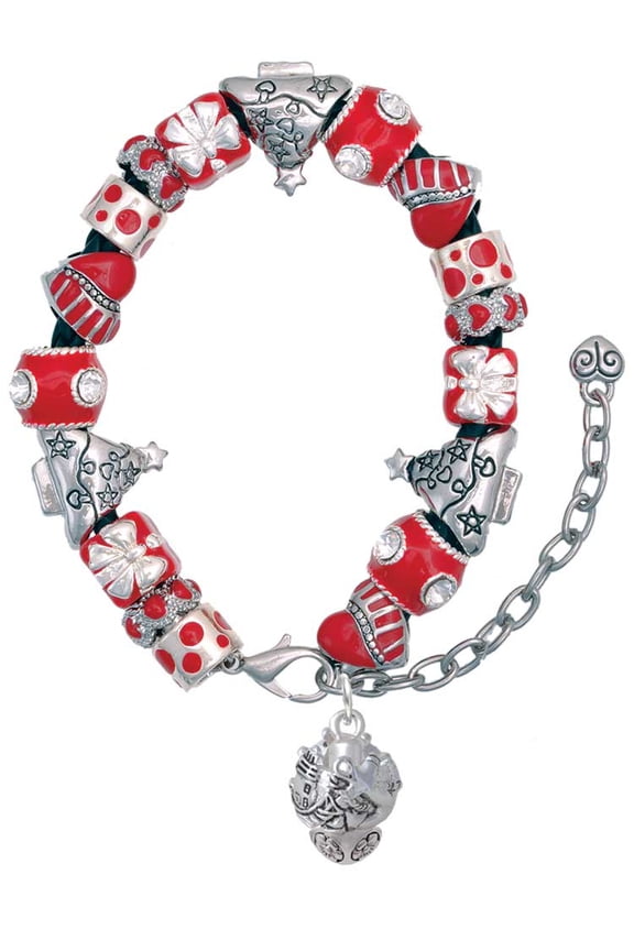 Silvertone Lighthouse, Ship Wheel, Anchor Spinner Red Christmas Bead Bracelet