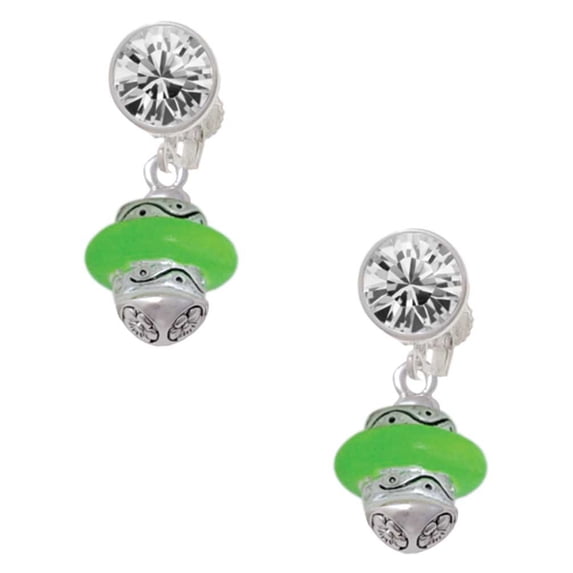 Silvertone Lime Green Center Spinner Clear Crystal Clip On Earrings