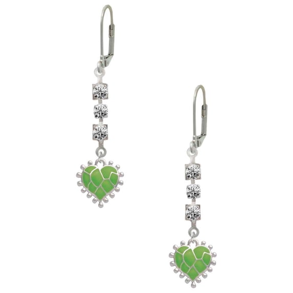 Silvertone Lime Green Giraffe Print Heart Crystal Madison Leverback Earrings
