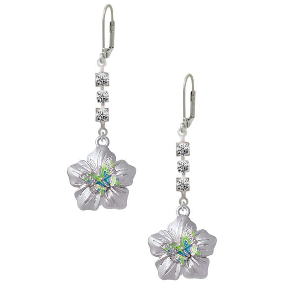 Silvertone Lime Green & Hot Blue Butterfly on Large Flower Crystal Madison Leverback Earrings