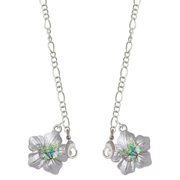 Silvertone Lime Green & Hot Blue Butterfly on Large Flower Silvertone Face Mask Necklace