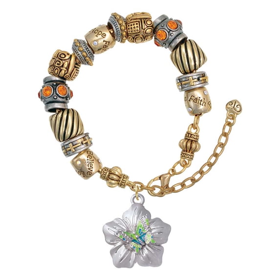 Silvertone Lime Green & Hot Blue Butterfly on Large Flower Two Tone Christian Bead Bracelet
