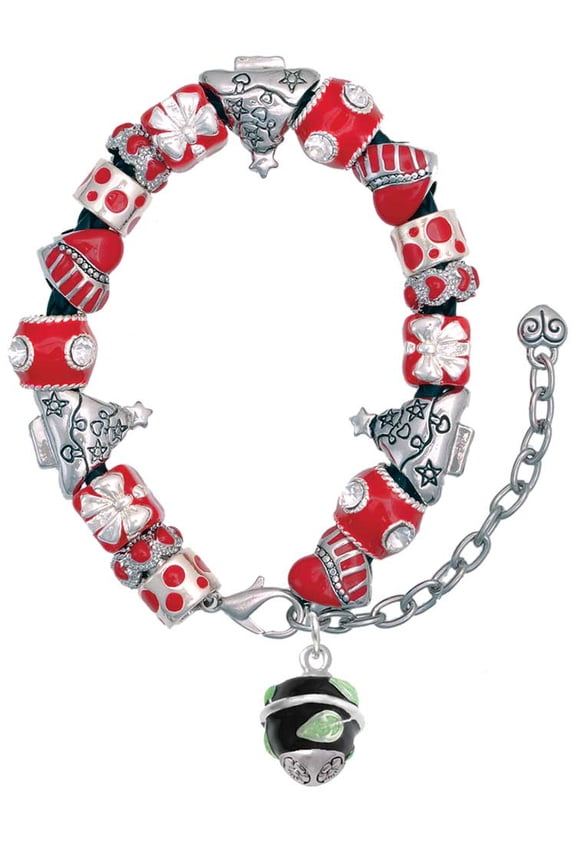 Silvertone Lime Leaves on Black Band Spinner Red Christmas Bead Bracelet