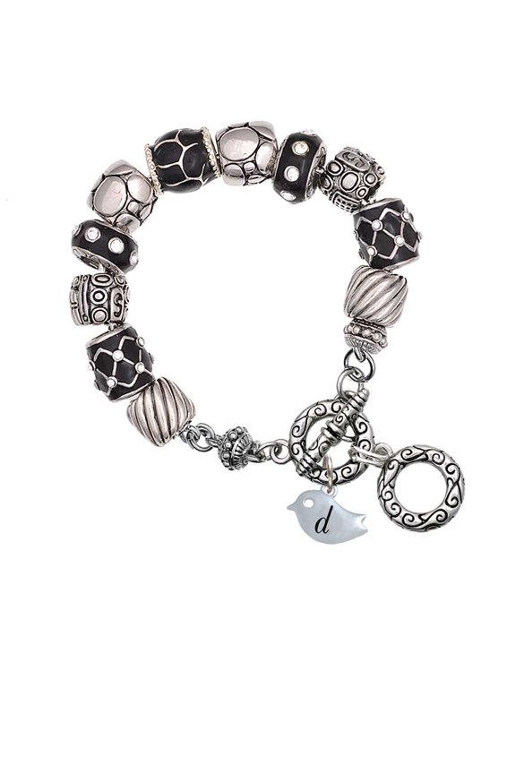 Silvertone Little Bird Initial - D - Black Pebble Bead Charm Bracelet