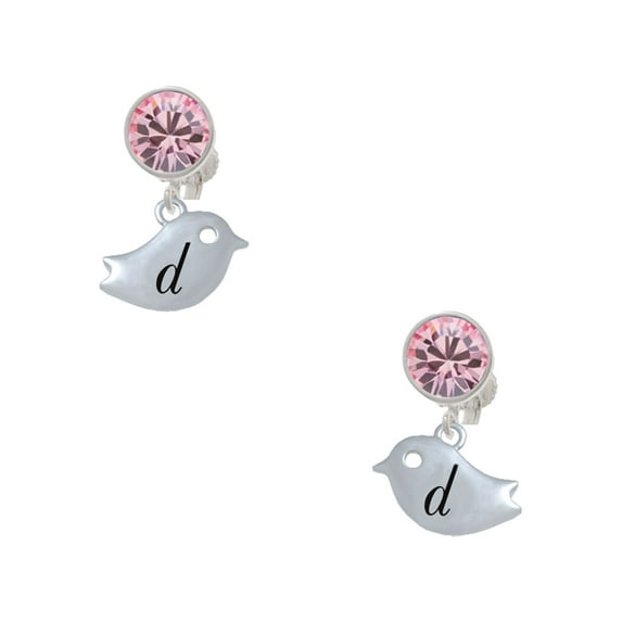 Delight Jewelry Silvertone Little Bird Initial - D - Pink Crystal Clip on Earrings