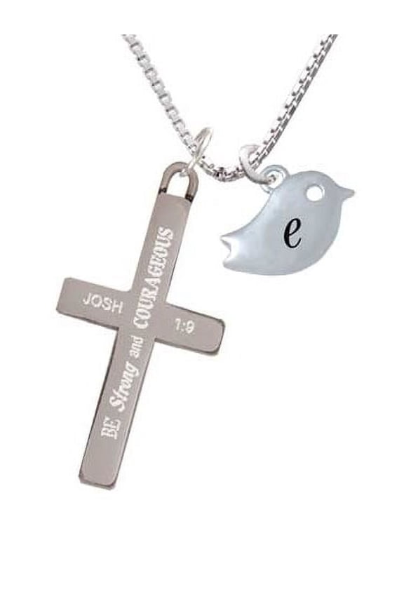 Silvertone Little Bird Initial - E - Strong and Courageous - Cross Necklace