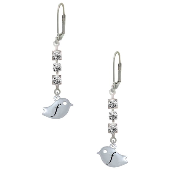 Silvertone Little Bird Initial - F - Crystal Madison Leverback Earrings