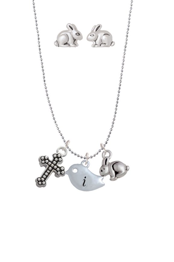 Silvertone Little Bird Initial - I - Silver Tone Cross and Bunny Necklace and Earrings Set