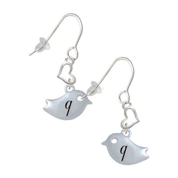 Silvertone Little Bird Initial - Q - Heart French Earrings