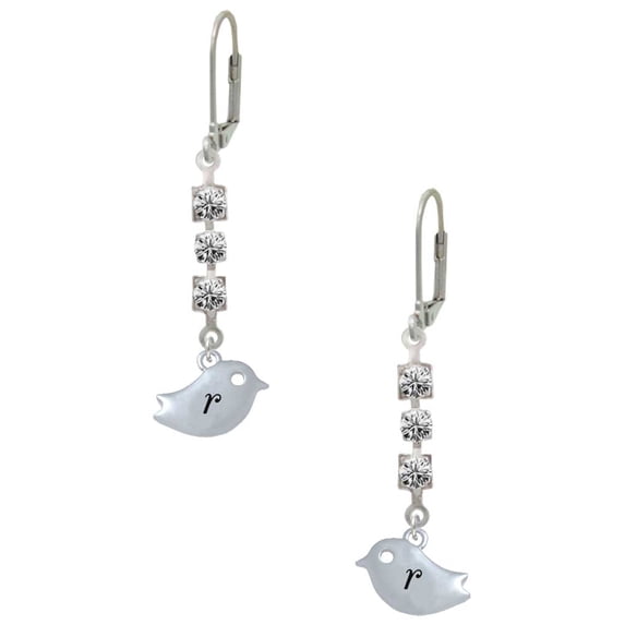 Silvertone Little Bird Initial - R - Crystal Madison Leverback Earrings
