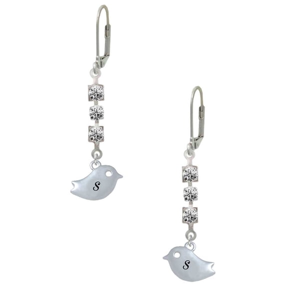 Silvertone Little Bird Initial - S - Crystal Madison Leverback Earrings