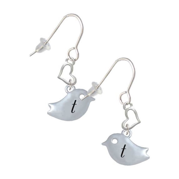 Silvertone Little Bird Initial - T - Heart French Earrings