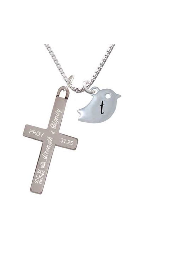 Silvertone Little Bird Initial - T - Strength and Dignity - Cross Necklace