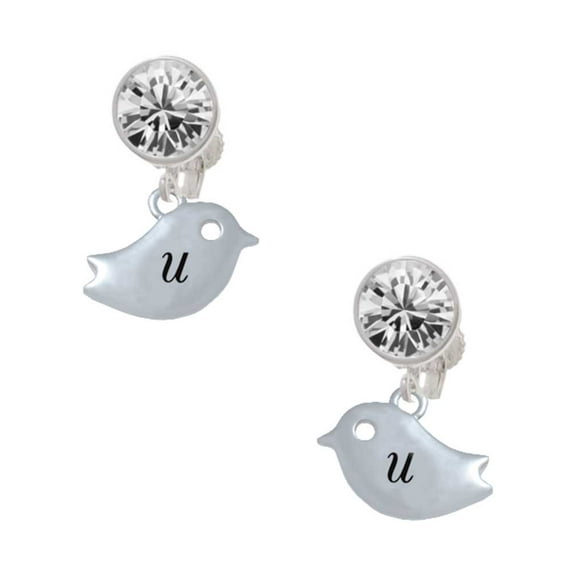 Silvertone Little Bird Initial - U - Clear Crystal Clip On Earrings