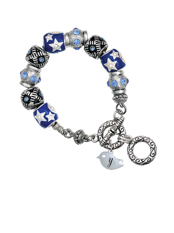 Silvertone Little Bird Initial - Y - Blue Moon Bead Charm Bracelet