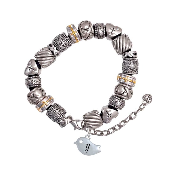 Silvertone Little Bird Initial - Y - Silver Tone Christian Bead Bracelet