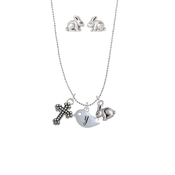 Silvertone Little Bird Initial - Y - Silver Tone Cross and Bunny Necklace and Earrings Set