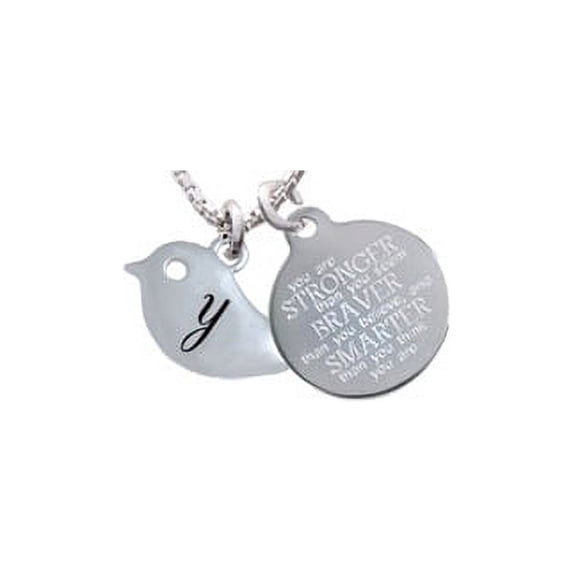 Silvertone Little Bird Initial - Y - Stronger Braver Smarter Engraved Necklace