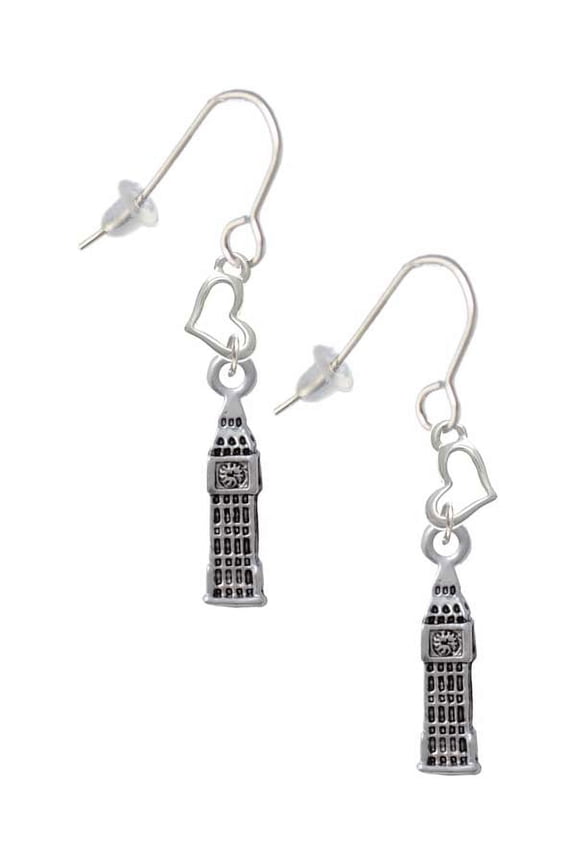 Silvertone London's Big Ben Clock Tower Heart French Earrings