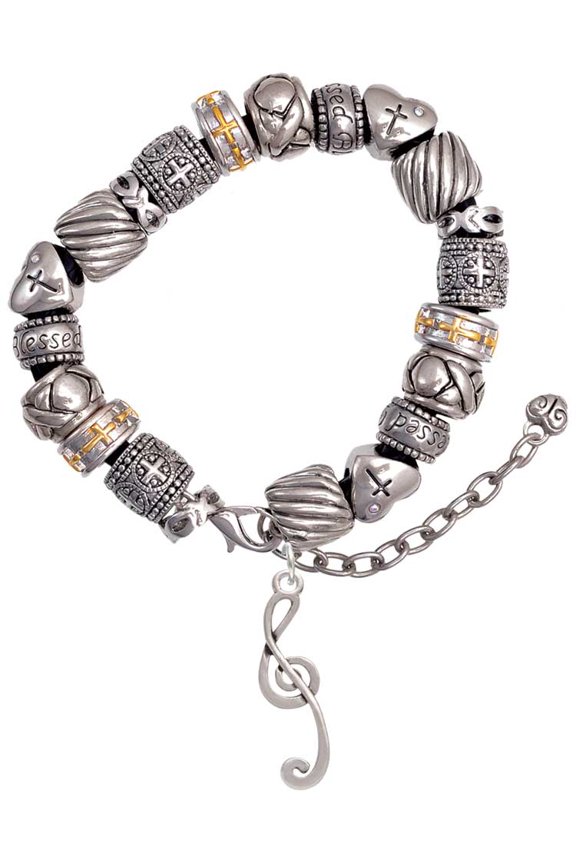 Silvertone Long Curly Clef Silver Tone Christian Bead Bracelet