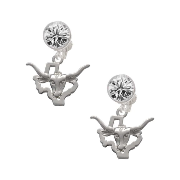 Silvertone Longhorn - Texas Clear Crystal Clip On Earrings