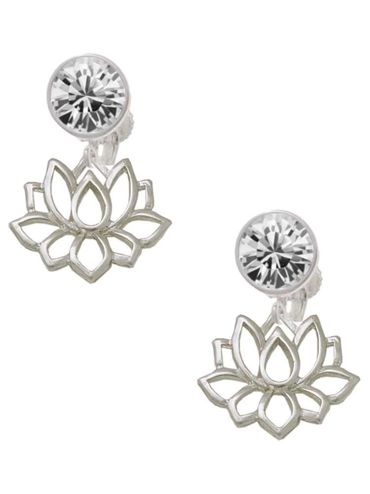 Silvertone Lotus Outline Clear Crystal Clip On Earrings