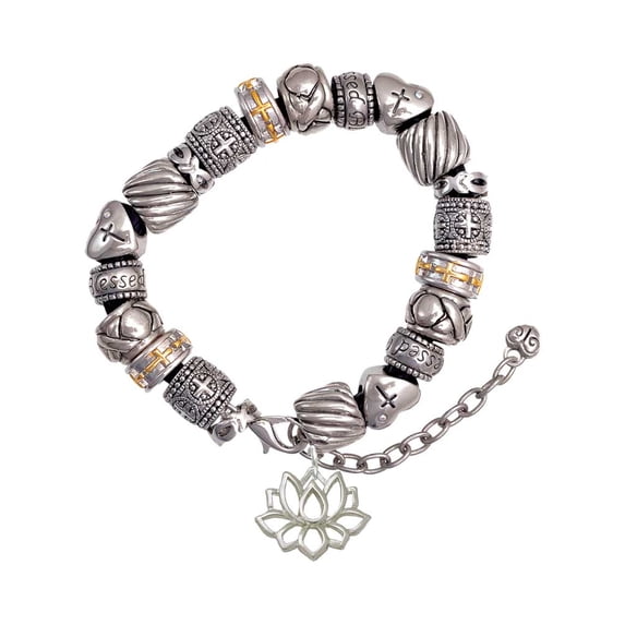 Silvertone Lotus Outline Silver Tone Christian Bead Bracelet