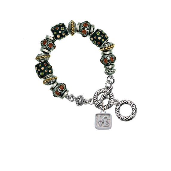 Silvertone Love Square - Square Seal Fall Crystal Bead Charm Bracelet