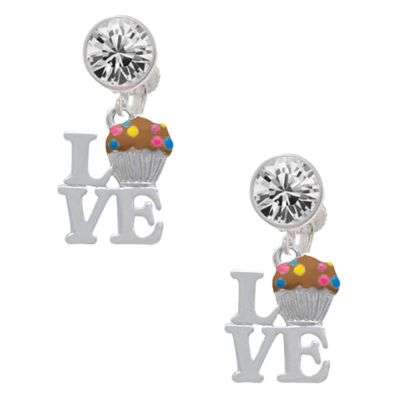 Silvertone Love with Chocolate Cupcake Clear Crystal Clip On Earrings