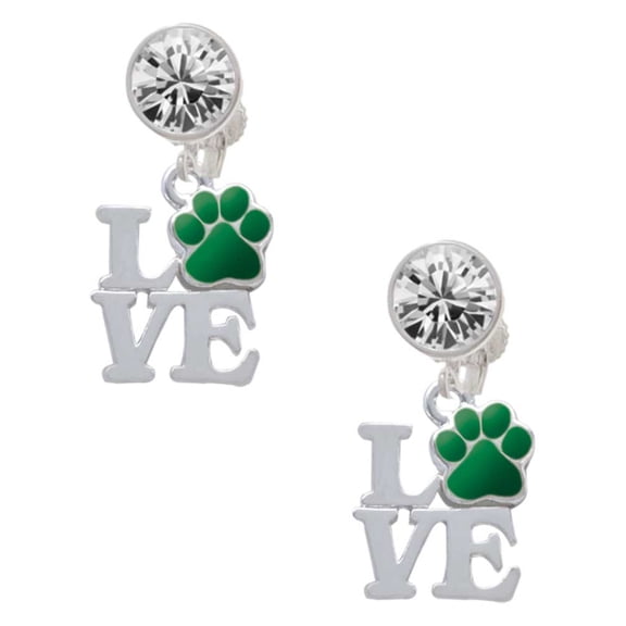 Silvertone Love with Green Paw Clear Crystal Clip On Earrings