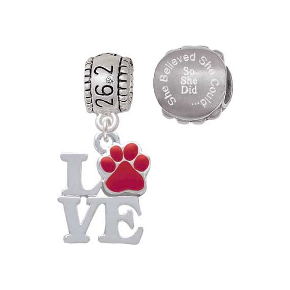 Silvertone Love with Red Paw 26.2 Marathon Run She Believed She Could Charm Beads (Set of 2)