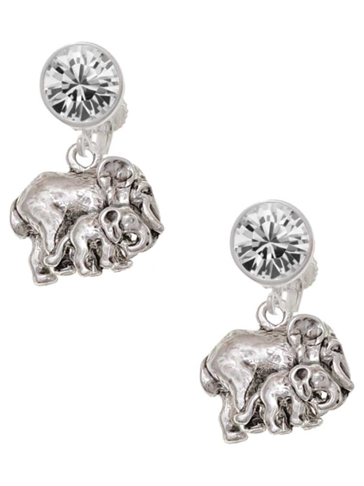 Silvertone Loved Elephant with Baby Clear Crystal Clip On Earrings