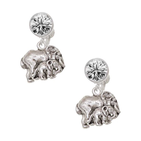 Silvertone Loved Elephant with Baby Clear Crystal Clip On Earrings
