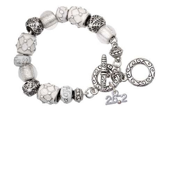 Silvertone Marathon - 26.2 with Clear AB Crystal White Snowflake Bead Charm Bracelet