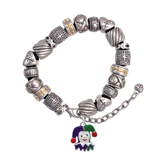 Silvertone Mardi Gras Jester Silver Tone Christian Bead Bracelet